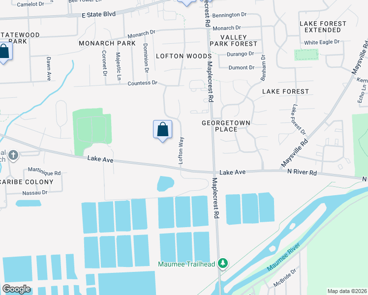 map of restaurants, bars, coffee shops, grocery stores, and more near 1408 Lofton Way in Fort Wayne