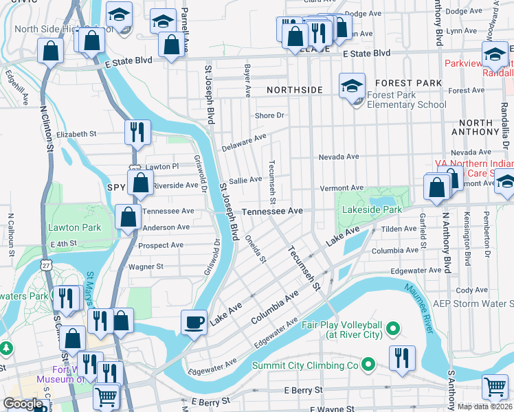 map of restaurants, bars, coffee shops, grocery stores, and more near 1021 Tennessee Avenue in Fort Wayne