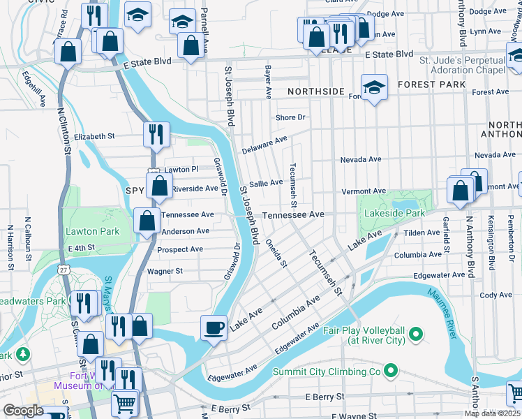 map of restaurants, bars, coffee shops, grocery stores, and more near 915 Tennessee Avenue in Fort Wayne