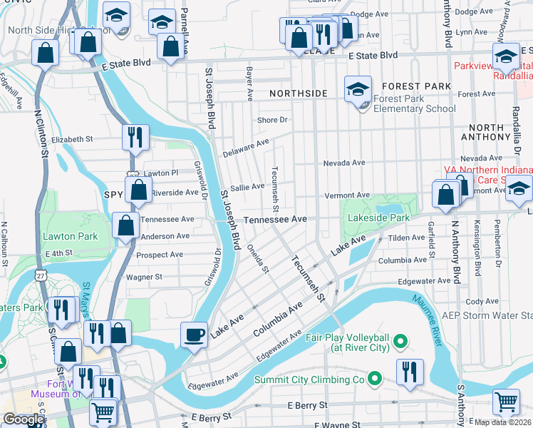 map of restaurants, bars, coffee shops, grocery stores, and more near 1021 Tennessee Ave in Fort Wayne