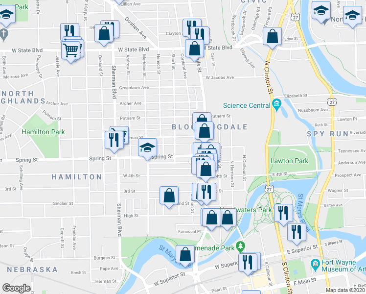 map of restaurants, bars, coffee shops, grocery stores, and more near 1629 Beach Street in Fort Wayne