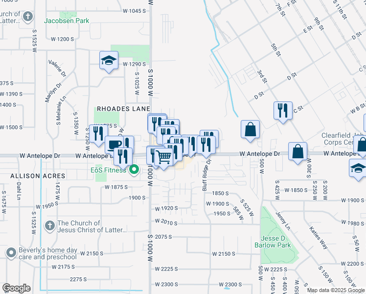 map of restaurants, bars, coffee shops, grocery stores, and more near 856 Antelope Drive in Layton