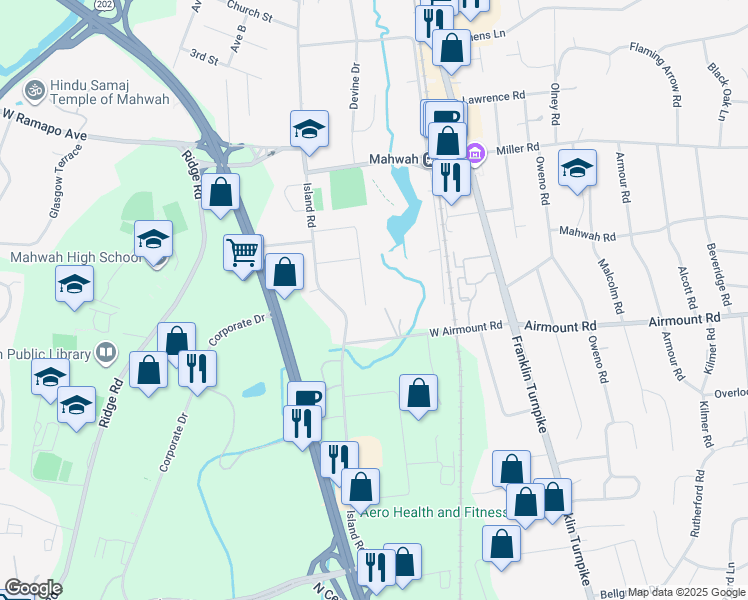 map of restaurants, bars, coffee shops, grocery stores, and more near 63 Karen Drive in Mahwah