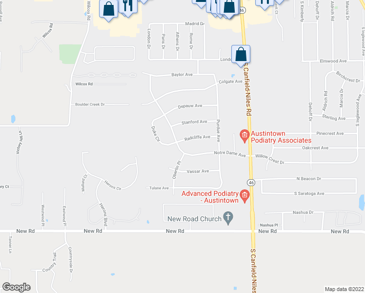 map of restaurants, bars, coffee shops, grocery stores, and more near 663 Notre Dame Ave in Youngstown