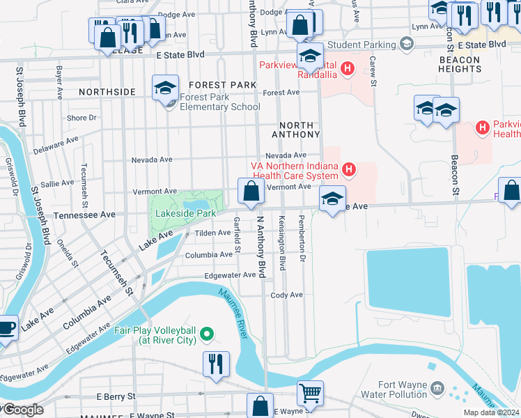 map of restaurants, bars, coffee shops, grocery stores, and more near Lake Ave & N Anthony Blvd in Fort Wayne