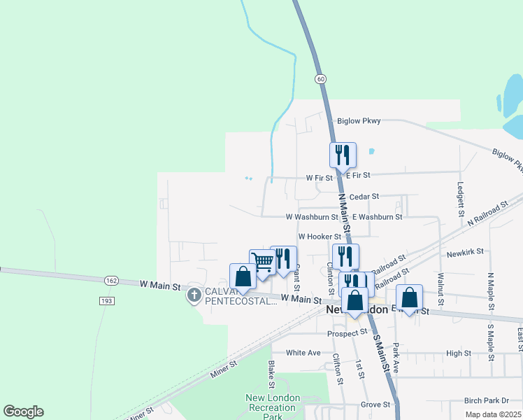 map of restaurants, bars, coffee shops, grocery stores, and more near 44 West Washburn Street in New London