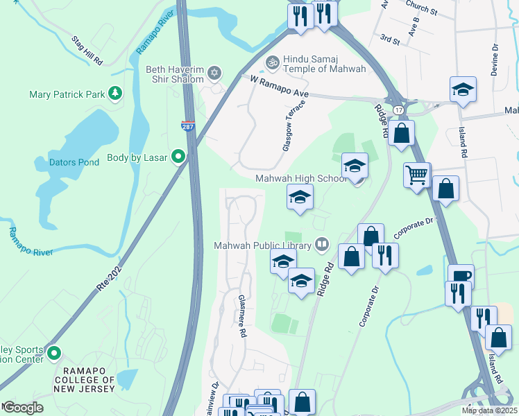 map of restaurants, bars, coffee shops, grocery stores, and more near 481 Green Mountain Road in Mahwah