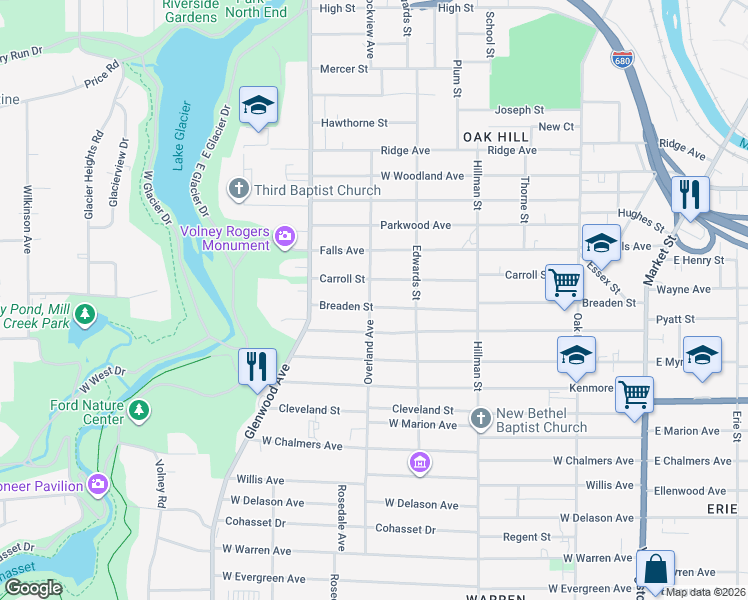 map of restaurants, bars, coffee shops, grocery stores, and more near 450 Breaden Street in Youngstown