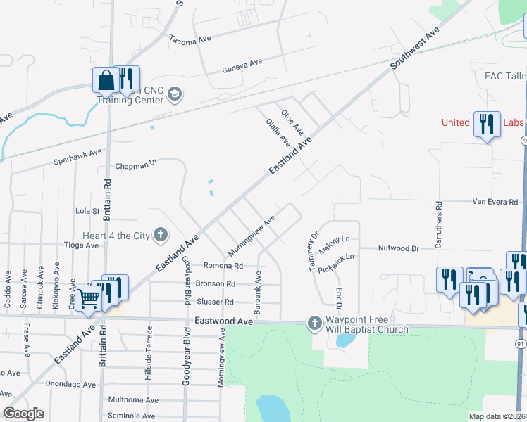 map of restaurants, bars, coffee shops, grocery stores, and more near 1647 Nutwood Rd in Akron