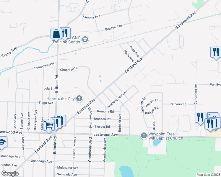 map of restaurants, bars, coffee shops, grocery stores, and more near 1595 Juniata Road in Akron