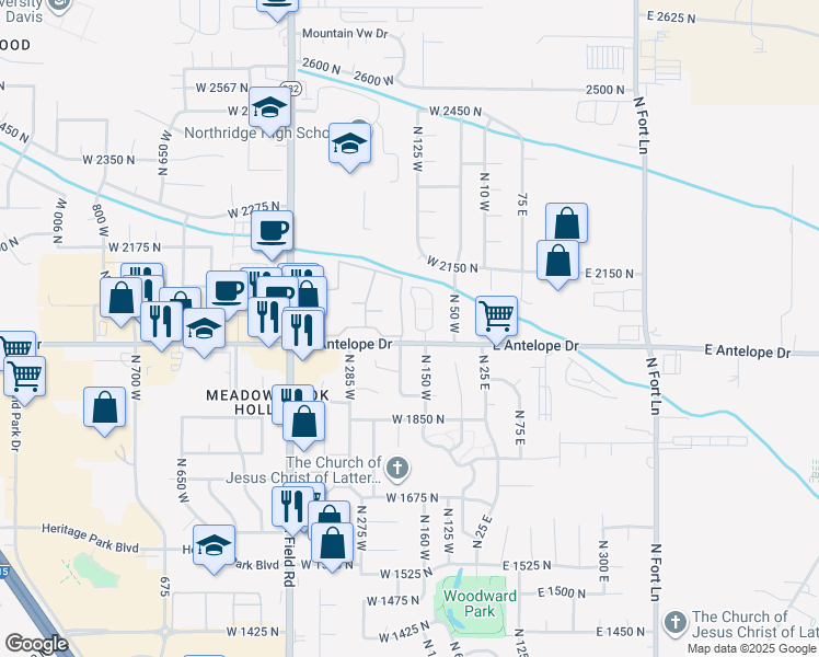 map of restaurants, bars, coffee shops, grocery stores, and more near 2033 Evans Cove Loop in Layton