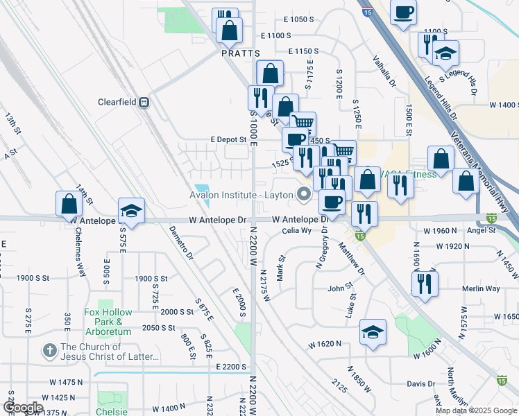 map of restaurants, bars, coffee shops, grocery stores, and more near 2150 Antelope Drive in Layton