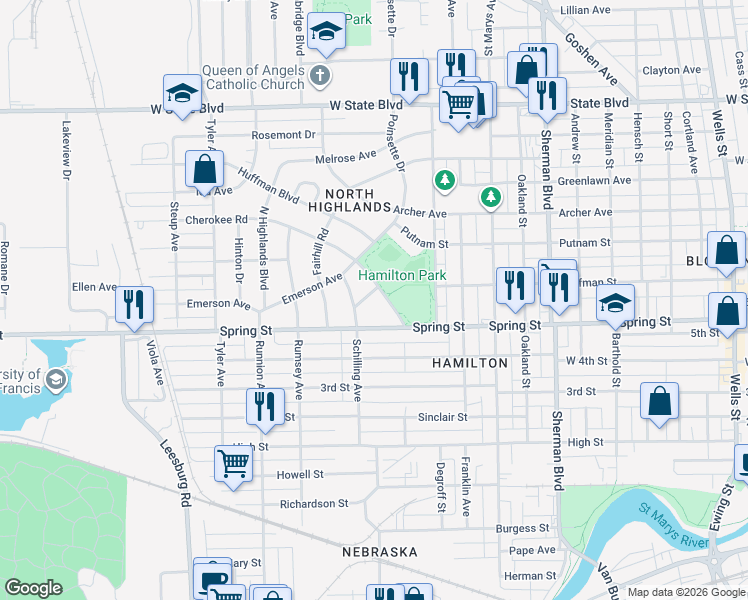 map of restaurants, bars, coffee shops, grocery stores, and more near 1421 Cherokee Road in Fort Wayne