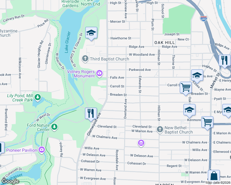 map of restaurants, bars, coffee shops, grocery stores, and more near 538 Breaden Street in Youngstown