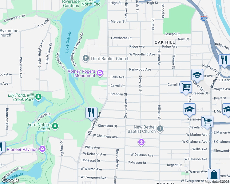 map of restaurants, bars, coffee shops, grocery stores, and more near 538 Breaden Street in Youngstown