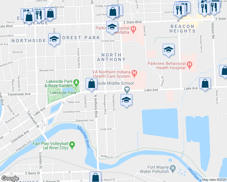map of restaurants, bars, coffee shops, grocery stores, and more near 2001 Lake Avenue in Fort Wayne