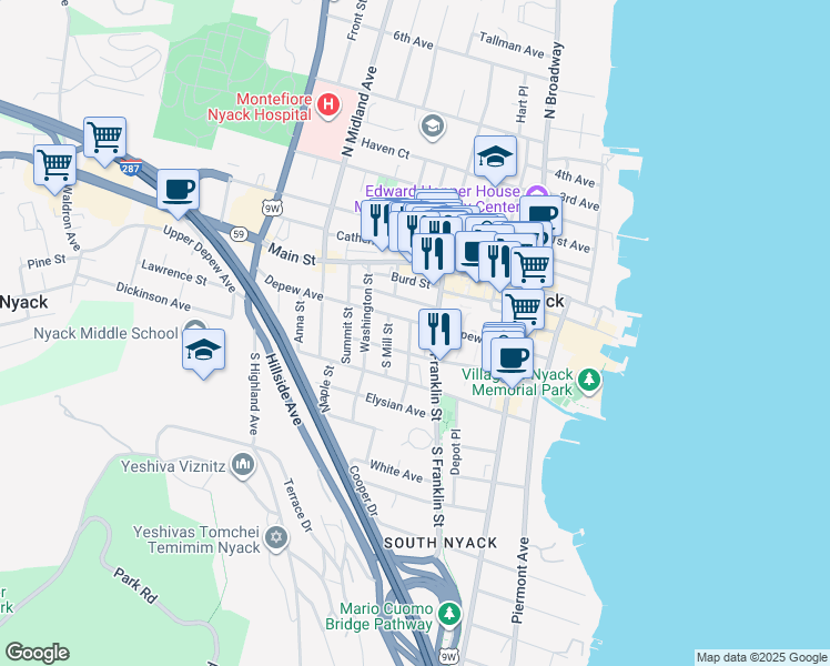 map of restaurants, bars, coffee shops, grocery stores, and more near in Nyack