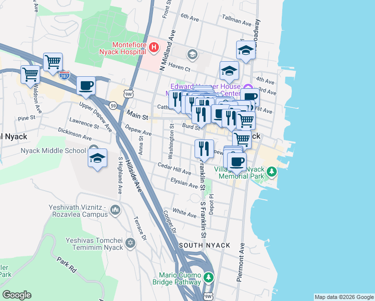 map of restaurants, bars, coffee shops, grocery stores, and more near in Nyack