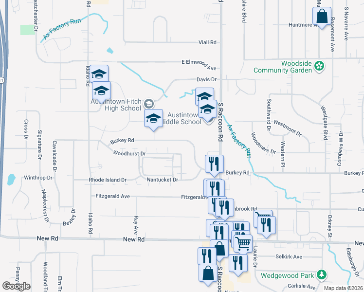 map of restaurants, bars, coffee shops, grocery stores, and more near 1209 Woodhurst Drive in Youngstown