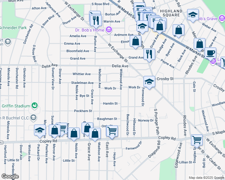 map of restaurants, bars, coffee shops, grocery stores, and more near 901 Bye Street in Akron