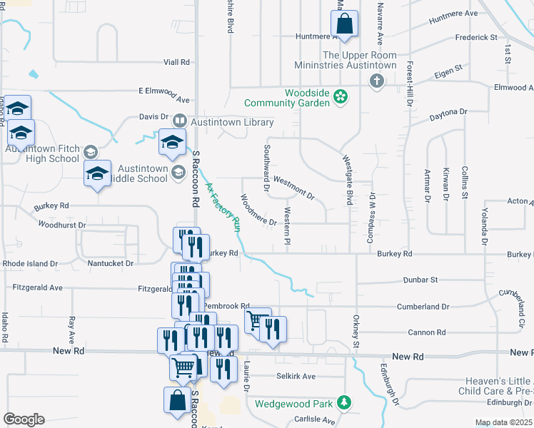 map of restaurants, bars, coffee shops, grocery stores, and more near 4222 Woodmere Drive in Youngstown