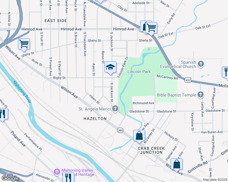 map of restaurants, bars, coffee shops, grocery stores, and more near 340 South Jackson Street in Youngstown