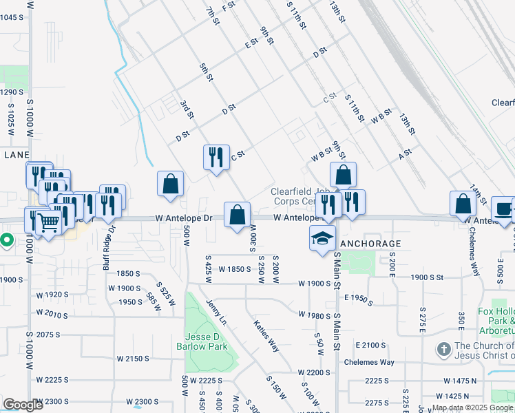 map of restaurants, bars, coffee shops, grocery stores, and more near 260 West Antelope Drive in Clearfield