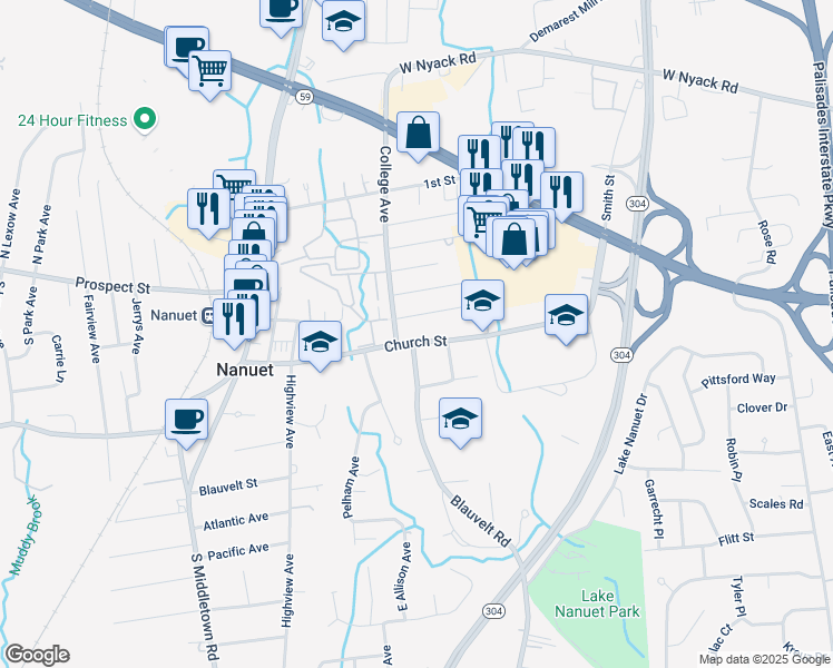 map of restaurants, bars, coffee shops, grocery stores, and more near 76 Church Street in Nanuet