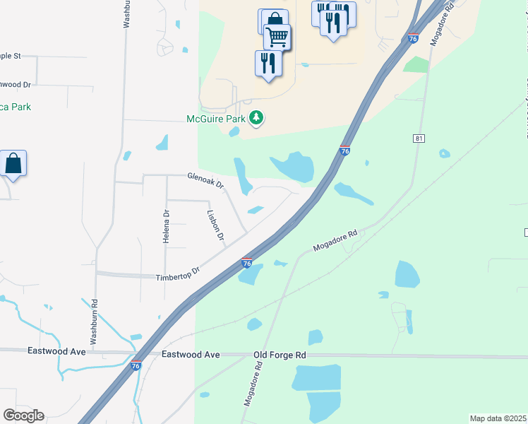 map of restaurants, bars, coffee shops, grocery stores, and more near 1473 Timbertop Drive in Tallmadge