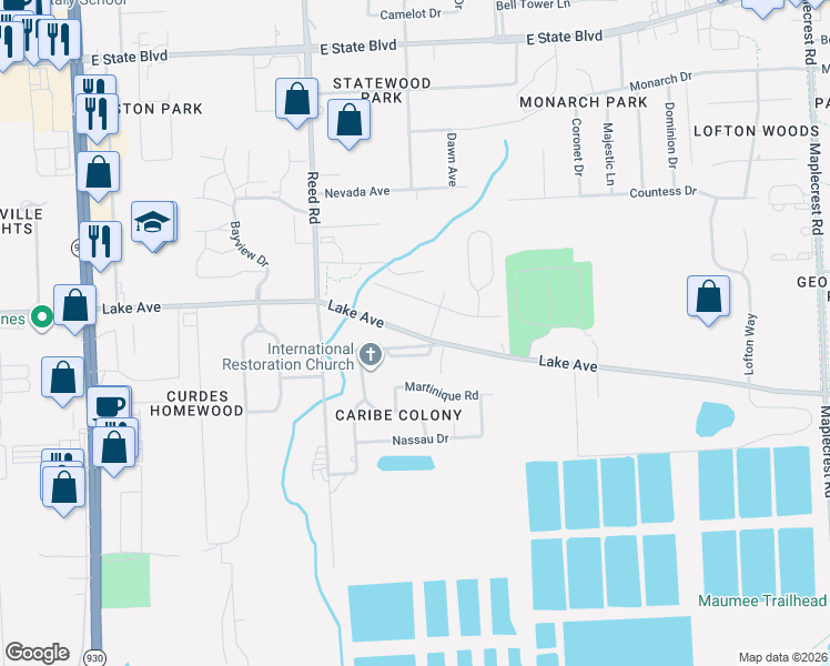 map of restaurants, bars, coffee shops, grocery stores, and more near 5045 Lake Avenue in Fort Wayne