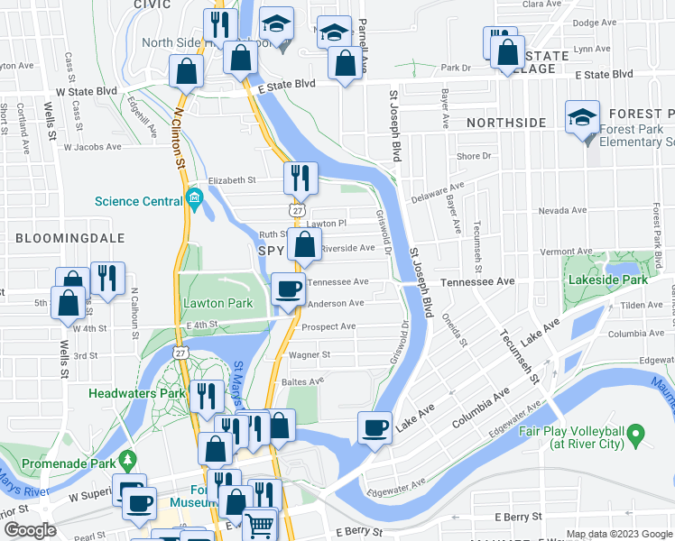 map of restaurants, bars, coffee shops, grocery stores, and more near 641 Tennessee Avenue in Fort Wayne