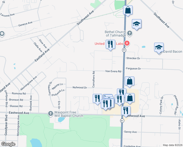 map of restaurants, bars, coffee shops, grocery stores, and more near 444 Carruthers Road in Tallmadge