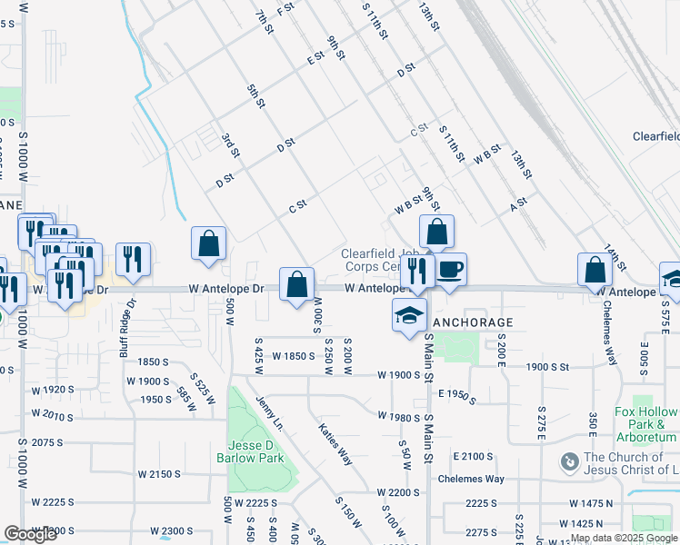 map of restaurants, bars, coffee shops, grocery stores, and more near 1685 South 245 West in Clearfield