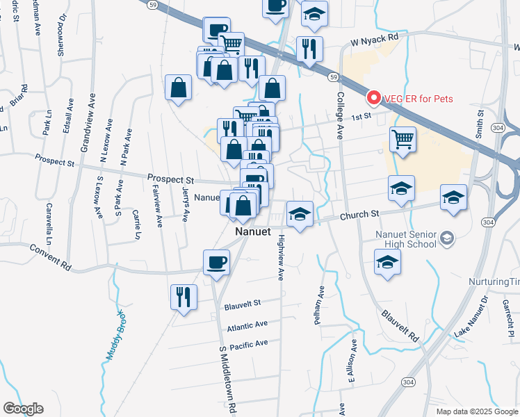 map of restaurants, bars, coffee shops, grocery stores, and more near 210 Main Street in Nanuet