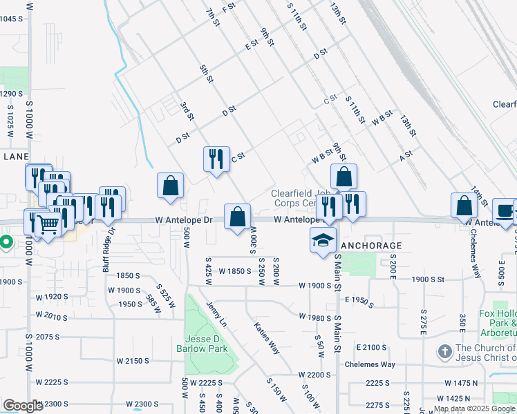 map of restaurants, bars, coffee shops, grocery stores, and more near 260 West 1700 South in Clearfield