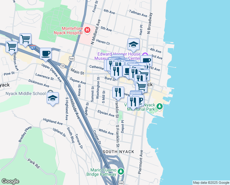map of restaurants, bars, coffee shops, grocery stores, and more near 100 Nyack Plaza in Nyack