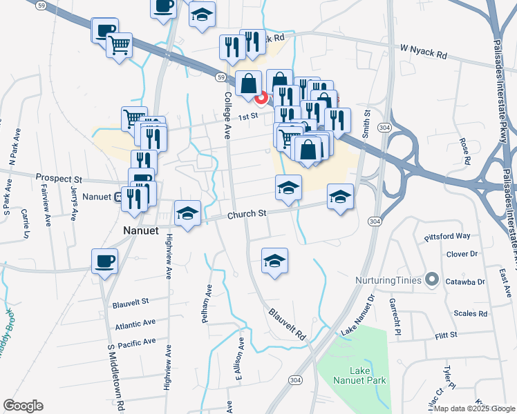 map of restaurants, bars, coffee shops, grocery stores, and more near 2 De Clark Place in Nanuet