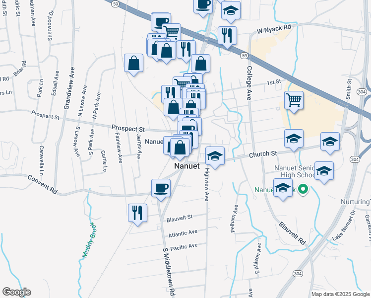 map of restaurants, bars, coffee shops, grocery stores, and more near 210 Main Street in Nanuet
