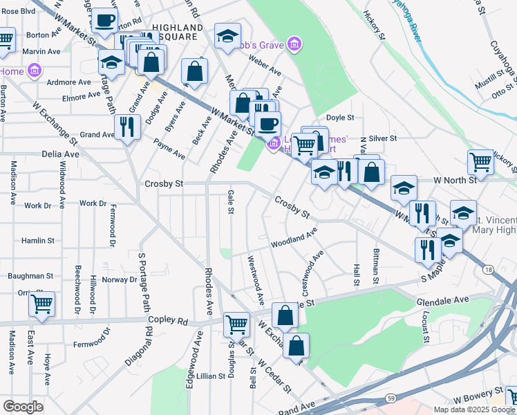 map of restaurants, bars, coffee shops, grocery stores, and more near 116 South Balch Street in Akron