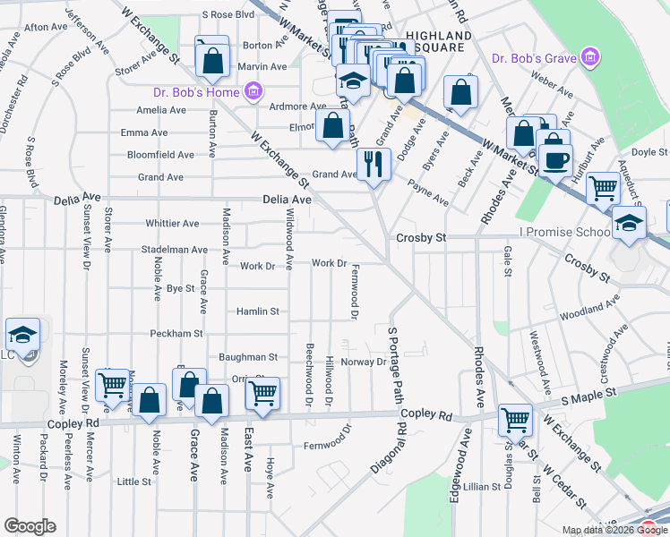 map of restaurants, bars, coffee shops, grocery stores, and more near 314 Hillwood Drive in Akron