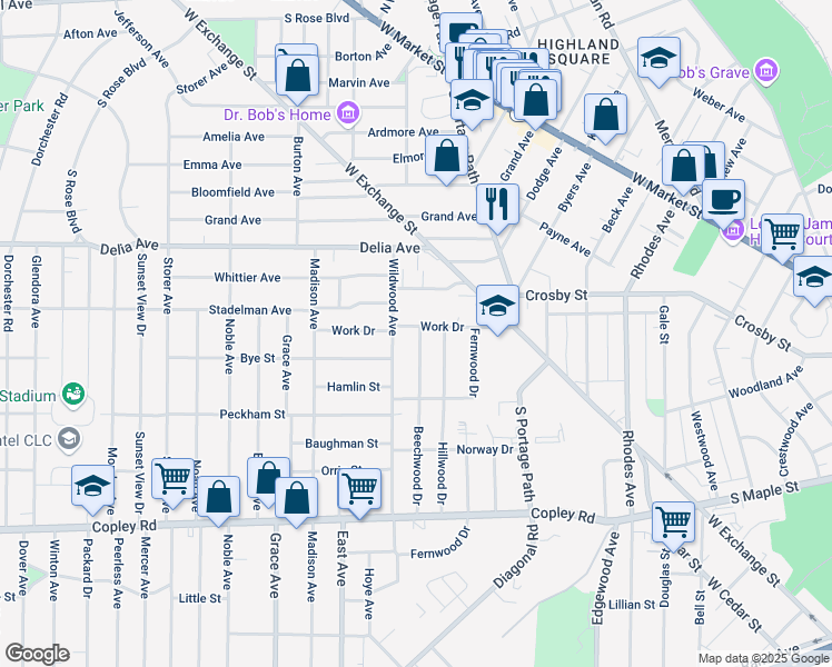 map of restaurants, bars, coffee shops, grocery stores, and more near 314 Hillwood Drive in Akron