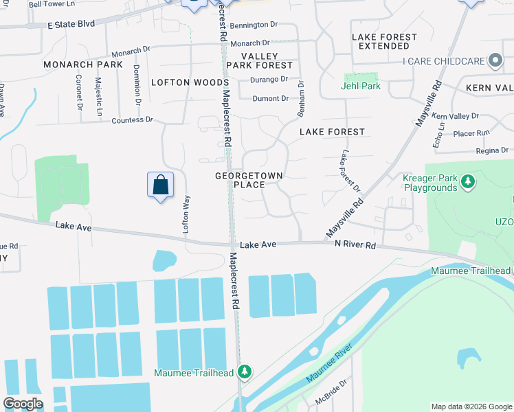 map of restaurants, bars, coffee shops, grocery stores, and more near 6429 Langley Court in Fort Wayne