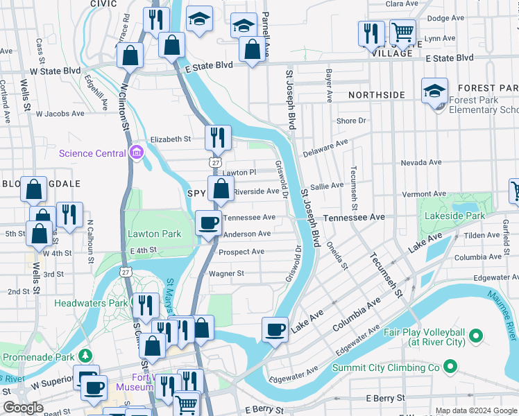 map of restaurants, bars, coffee shops, grocery stores, and more near 641 Tennessee Avenue in Fort Wayne