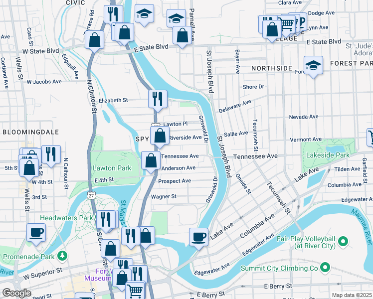 map of restaurants, bars, coffee shops, grocery stores, and more near 641 Tennessee Avenue in Fort Wayne