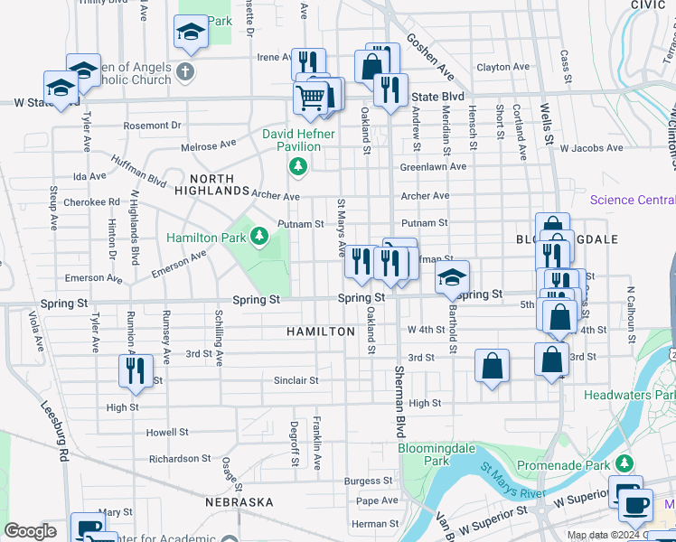 map of restaurants, bars, coffee shops, grocery stores, and more near 1623 Saint Marys Avenue in Fort Wayne