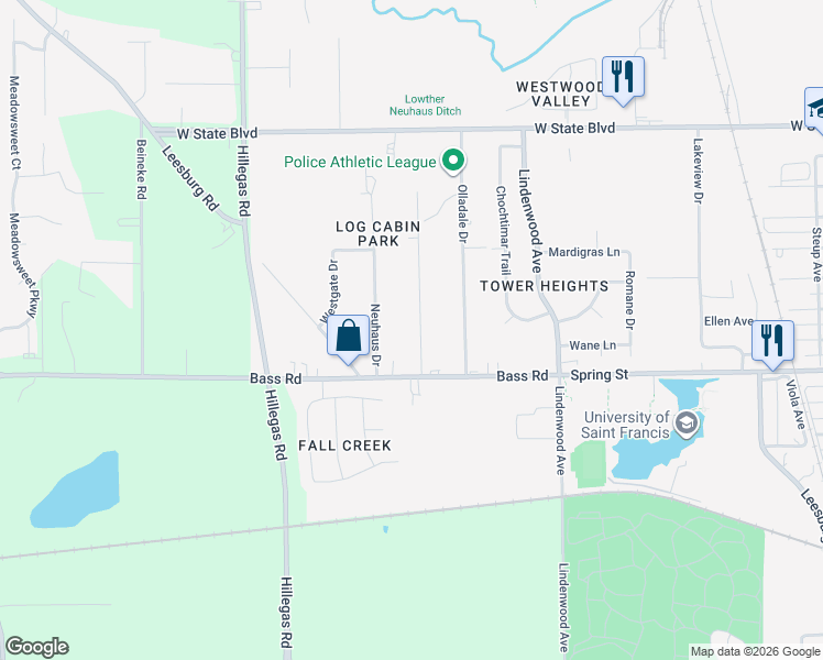 map of restaurants, bars, coffee shops, grocery stores, and more near 1702 Lathrop Drive in Fort Wayne