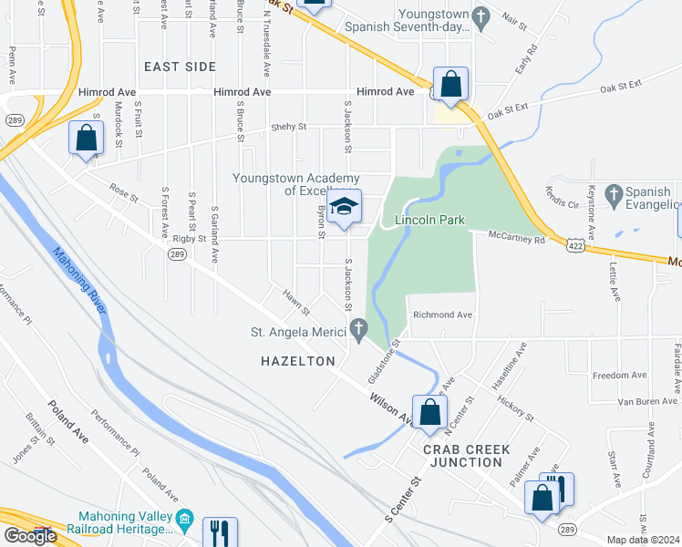 map of restaurants, bars, coffee shops, grocery stores, and more near 328 South Jackson Street in Youngstown