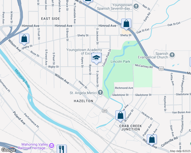 map of restaurants, bars, coffee shops, grocery stores, and more near 330 South Jackson Street in Youngstown