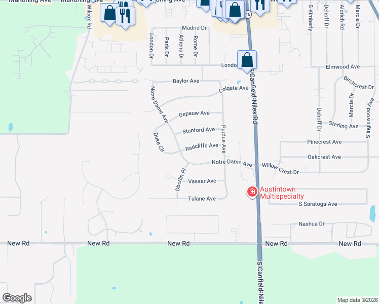 map of restaurants, bars, coffee shops, grocery stores, and more near 663 Notre Dame Avenue in Youngstown