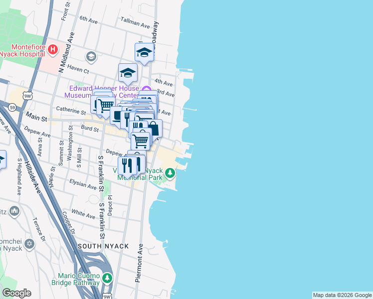 map of restaurants, bars, coffee shops, grocery stores, and more near 2 Burd Street in Nyack